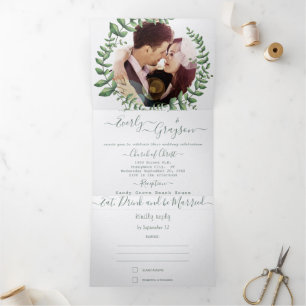 Boho Green Leaf Olive Green Ash Wreath Wedding Tri Tri-Fold Invitation