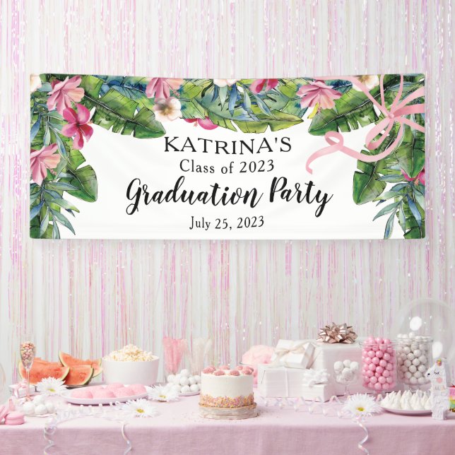 Boho Green Leaves | Pink Hibiscus Graduation Party Banner (Party)
