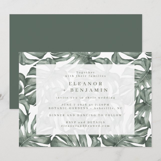 Boho Green Monstera Leaves Trendy All In One Invitation (Front/Back)