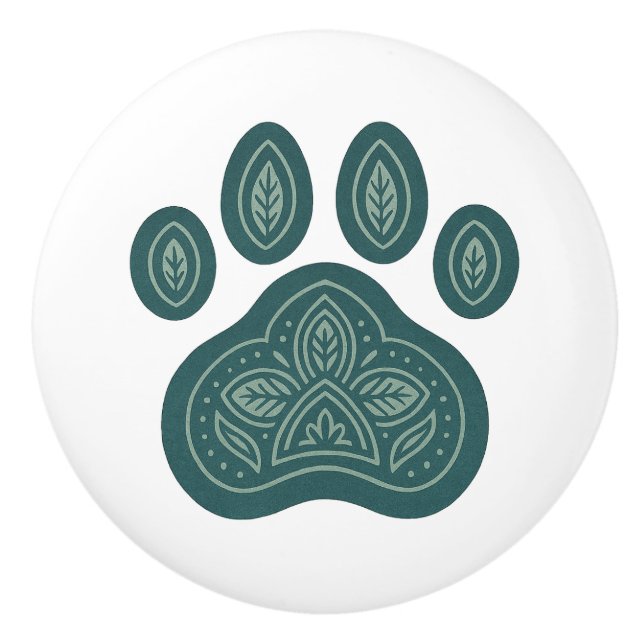 Boho Green Pawprint Folk Art Ceramic Knob  (Front)