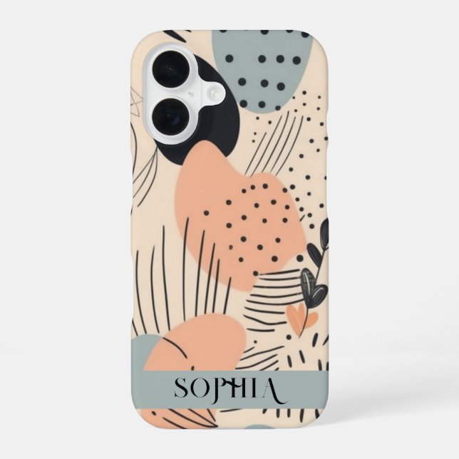 Boho Green Peach Personalized iPhone 16 Case (Back)