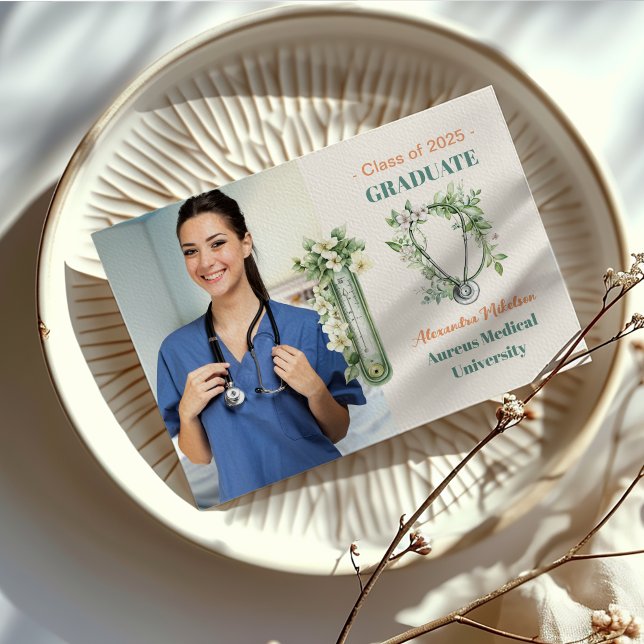Boho Green Photo Watercolor  Nursing School Gradua Announcement (Creator Uploaded)