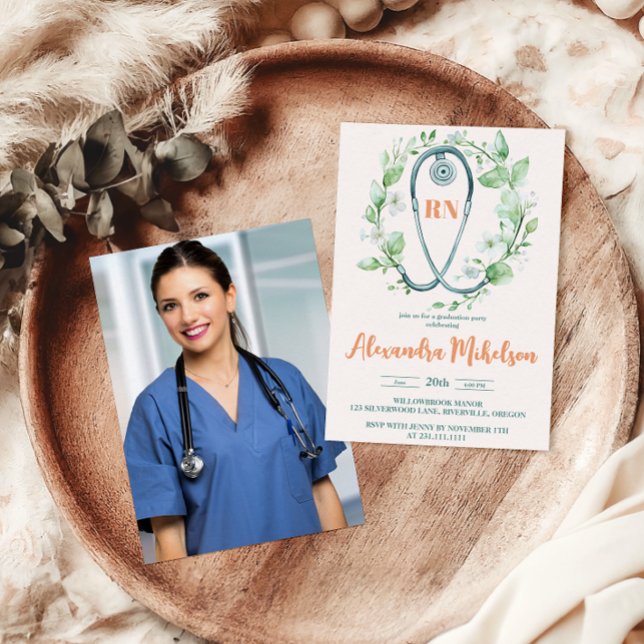 Boho Green Photo Watercolor  Nursing School Gradua Invitation (Creator Uploaded)