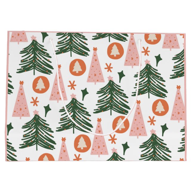 Boho Green Pink Orange Christmas Trees  Large Gift Bag (Back)