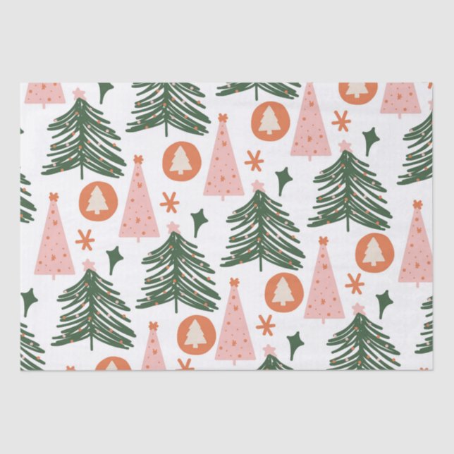 Boho Green Pink Orange Christmas Trees Tissue Paper (Front)