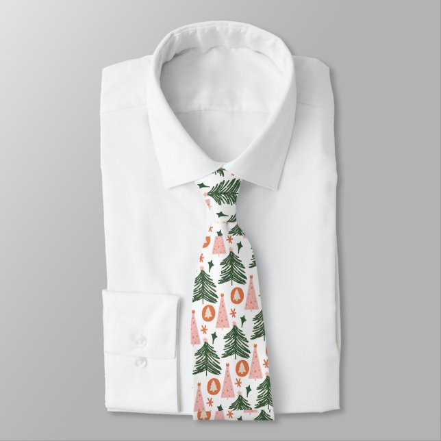 Boho Green Pink Orange Rustic Christmas Trees Men Tie (Tied)