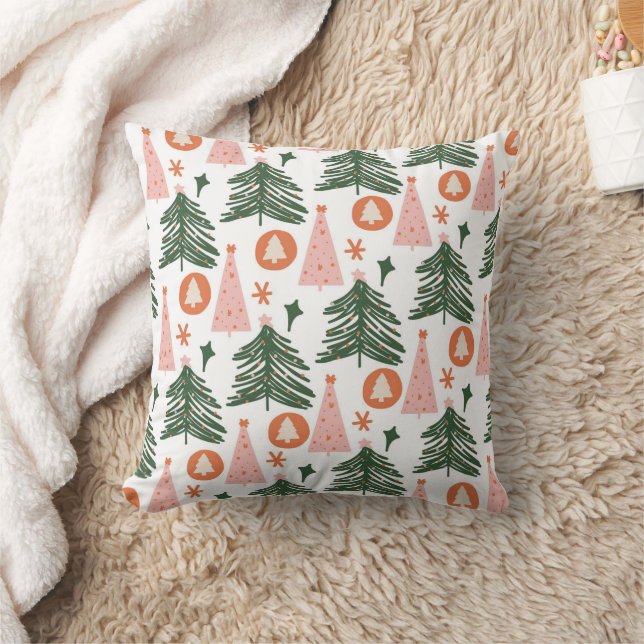Boho Green Pink Orange Rustic Christmas Trees  Throw Pillow (Blanket)