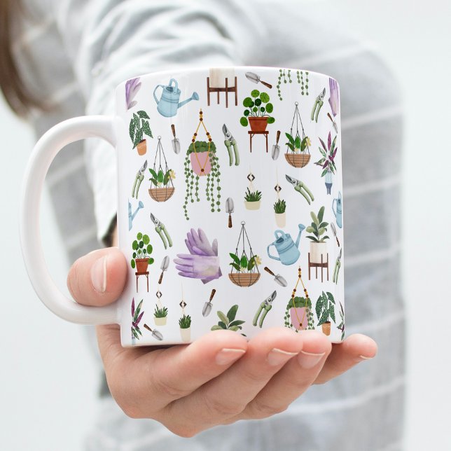 Boho Green Poted Plante Motif de café Mug (Woman's hand holds the potted plant pattern coffee mug)