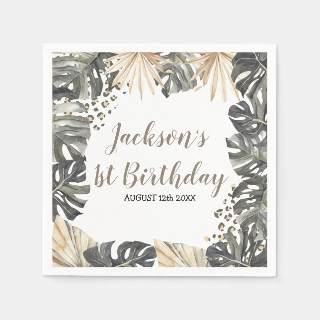 Boho Green Sage Wild One Birthday Paper Napkin (Front)