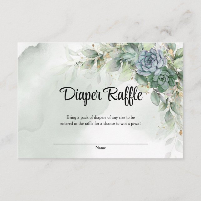 Boho green succulents and eucalyptus diaper raffle enclosure card (Front)