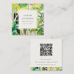 Boho Green Tropical Leaf Foliage Botanical QR Code Square Business Card