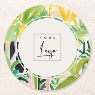 Boho Green  Tropical Leafy Foliage Botanical Logo Round Paper Coaster