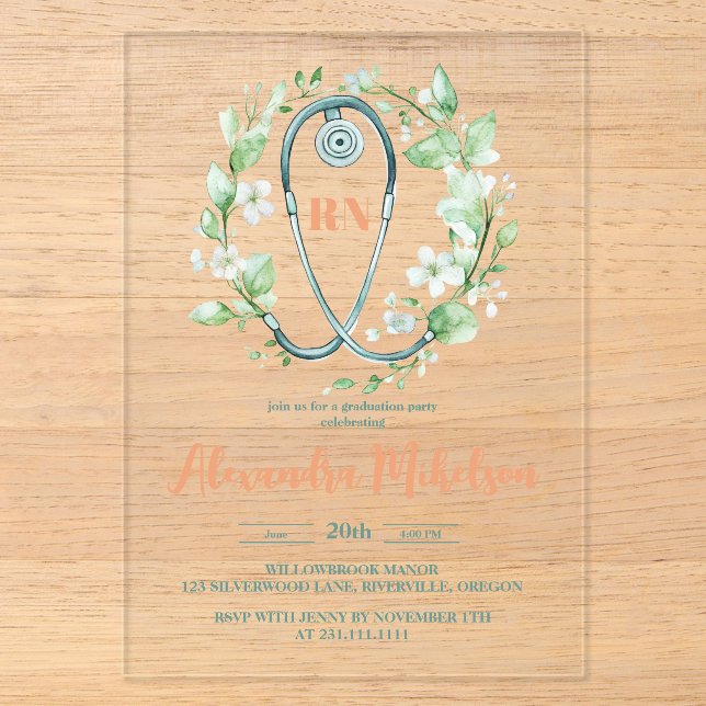 Boho Green Watercolor  Nursing School Graduation Acrylic Invitations (Front)