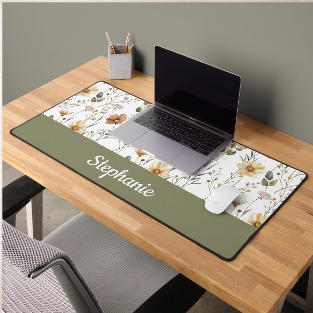 Boho Green Watercolor Wildflower Monogram Name Desk Mat (Creator Uploaded)