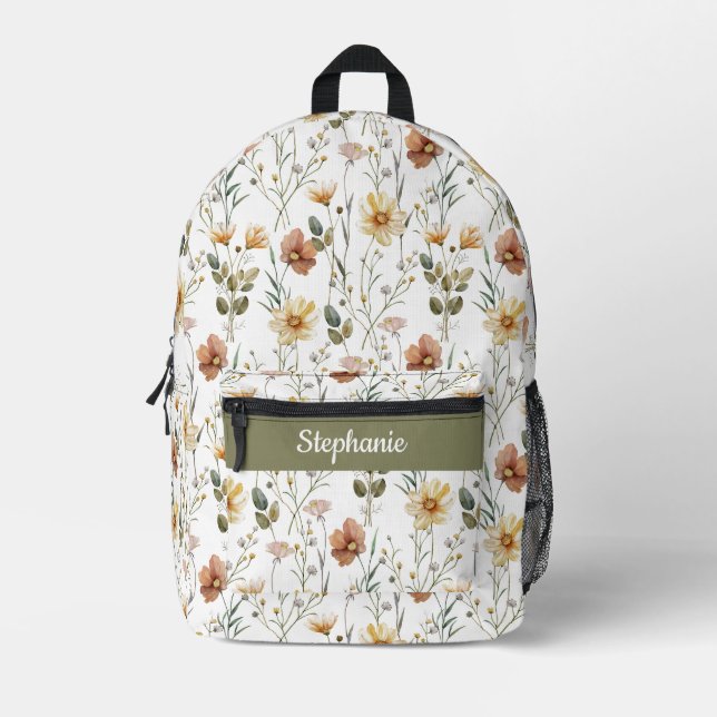 Boho Green Watercolor Wildflower Monogram Printed Backpack (Front)