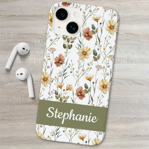 Boho Green Watercolor Wildflower Name Case-Mate iPhone 14 Case