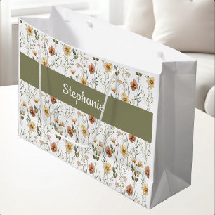 Boho Green Wildflower Watercolor Monogram Name Large Gift Bag