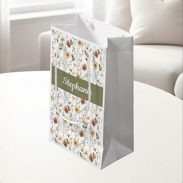Boho Green Wildflower Watercolor Monogram Small Gift Bag (Creator Uploaded)