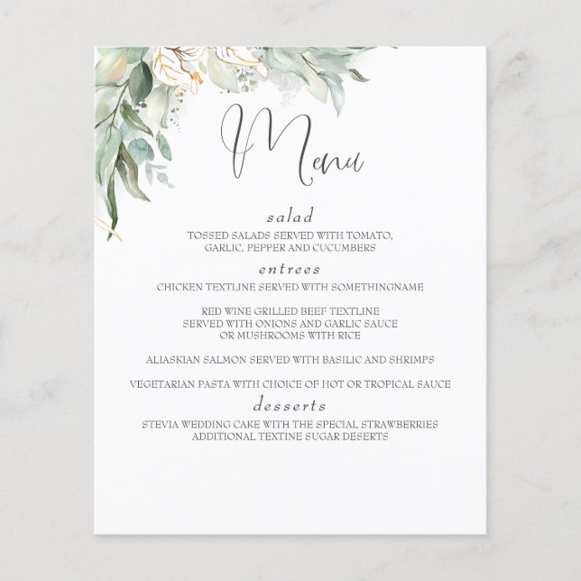 Boho Greenery and Eucalyptus Leaves Wedding Menu (Front)
