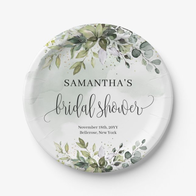 Boho greenery and gold Bridal Shower plates (Front)