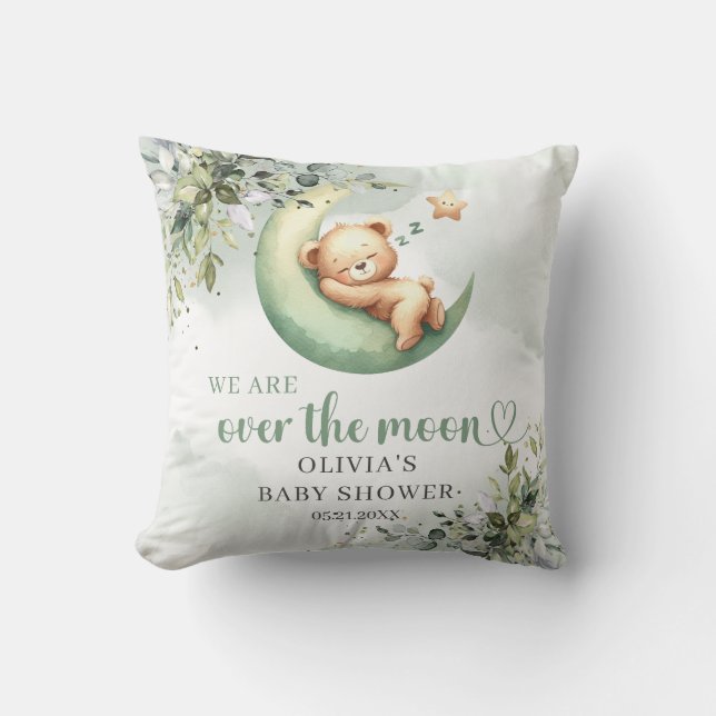 Boho greenery and gold gender neutral teddy bear throw pillow (Front)