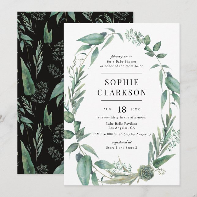 Boho Greenery and Succulents Wreath Baby Shower Invitation (Front/Back)