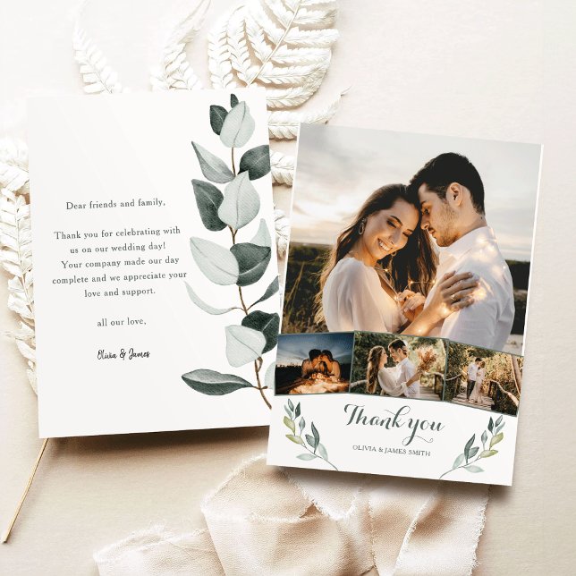 Boho Greenery Eucalyptus 4 Photos Wedding Thank You Card (Creator Uploaded)