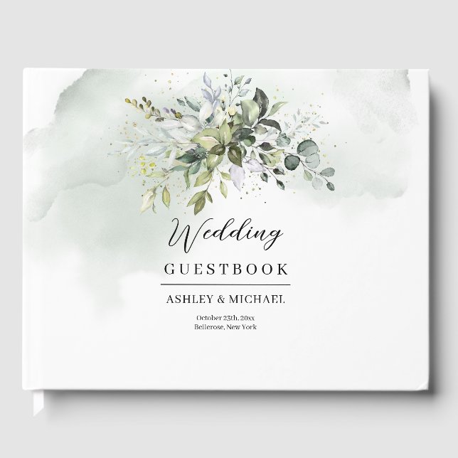 Boho greenery eucalyptus foliage gold Guest Book (Front)