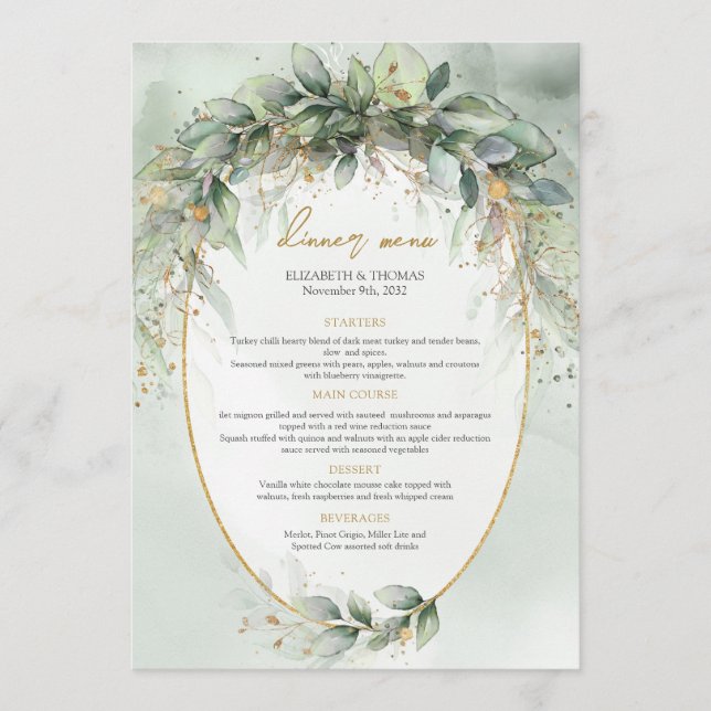 Boho greenery eucalyptus foliage gold oval menu (Front)