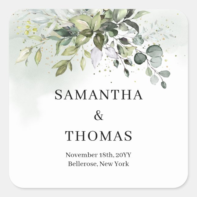 Boho greenery eucalyptus foliage gold sparkles square sticker (Front)