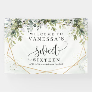 Boho greenery eucalyptus foliage gold sweet 16 banner