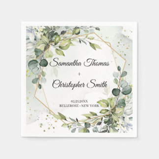 Boho greenery eucalyptus foliage gold wedding napkin