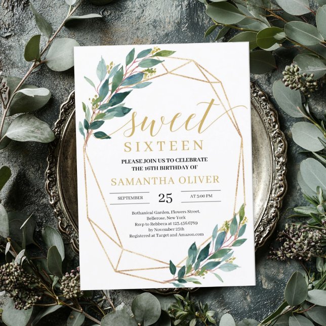 Boho Greenery eucalyptus gold frame sweet sixteen Invitation (Boho Greenery eucalyptus gold frame sweet sixteen Invitation)