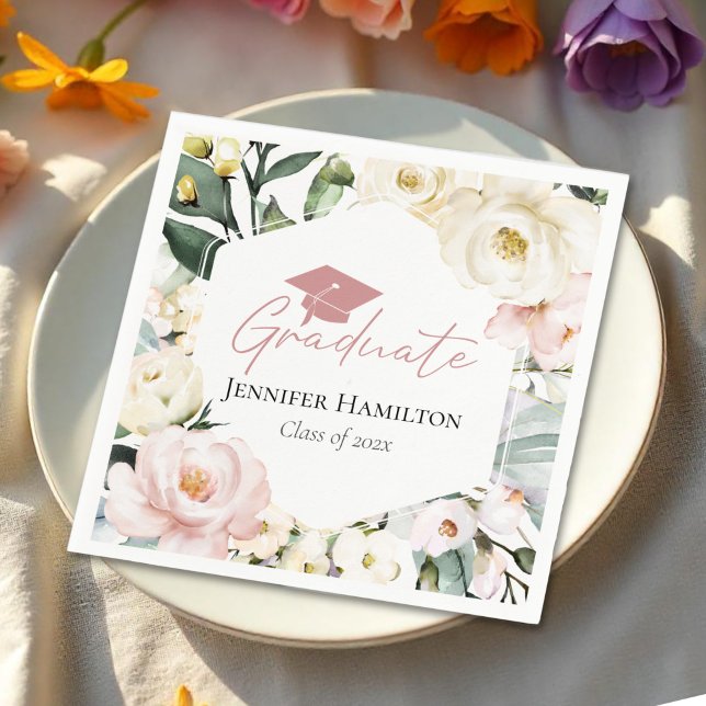 Boho Greenery Floral Frame Graduation Napkin (Creator Uploaded)