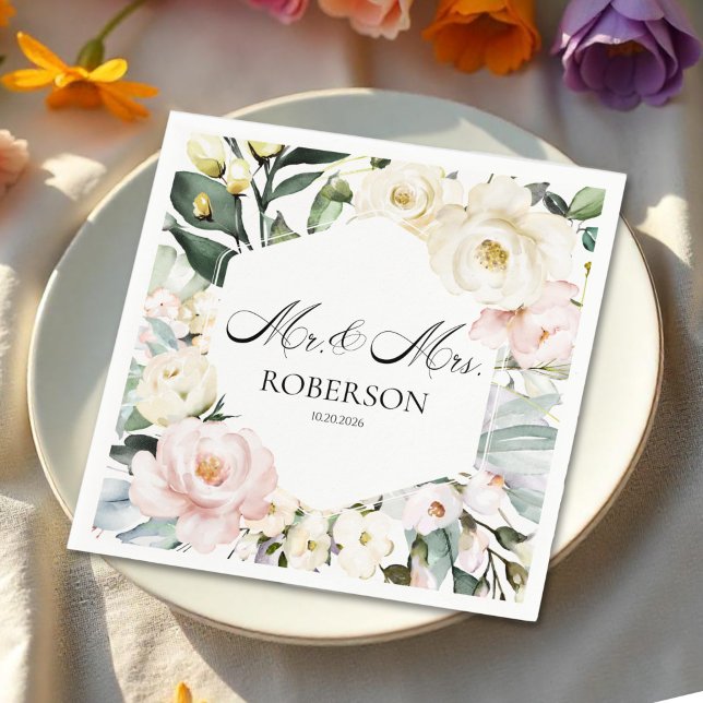 Boho Greenery Floral Frame Wedding Napkin (Creator Uploaded)