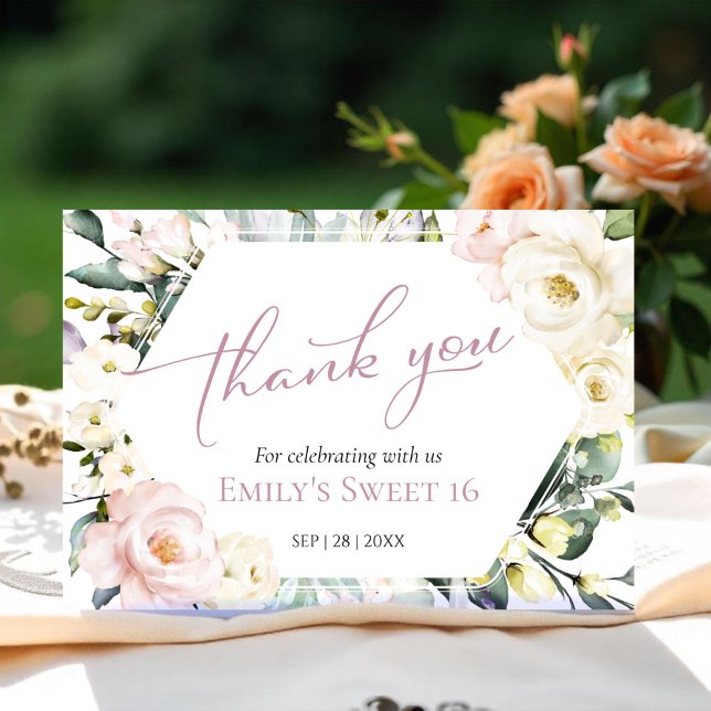 Boho Greenery Floral Sweet 16 Thank You Cards (Creator Uploaded)