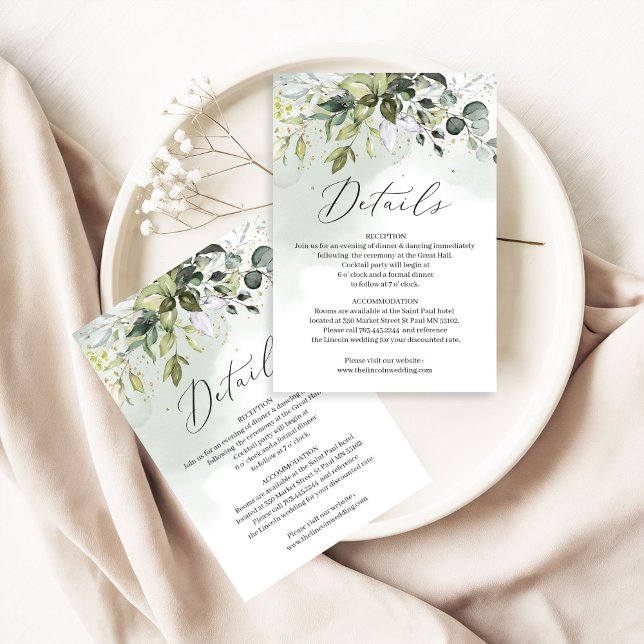Boho greenery folaige leaves gold wedding details enclosure card (Watercolor boho greenery foliage eucalyptus gold wedding details card editable template, Digital Pri)