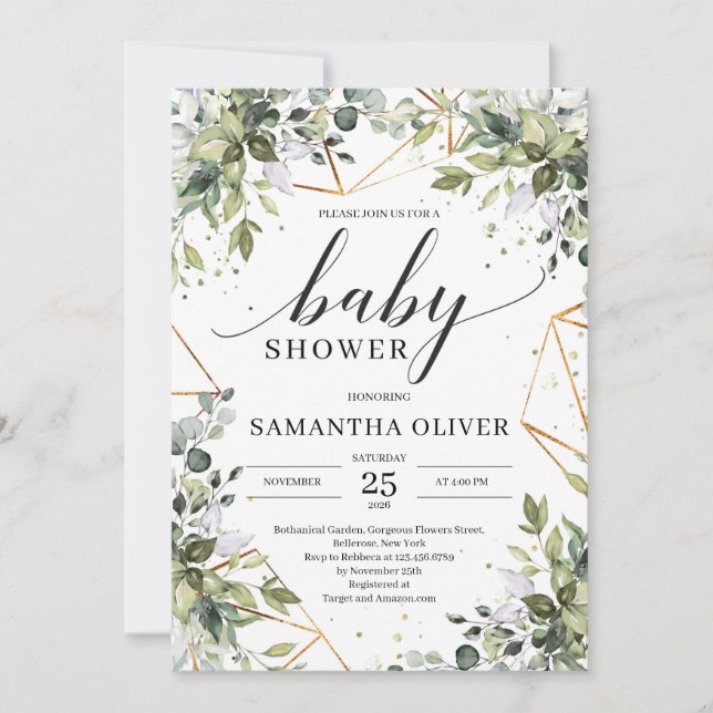 Boho greenery foliage and gold frame baby shower invitation (Front)