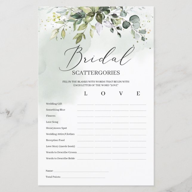 Boho greenery foliage bridal Scattergories game (Front)