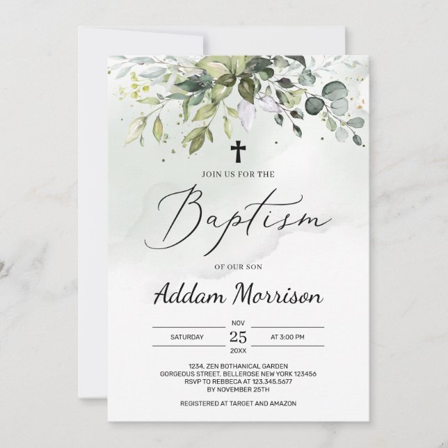 Boho greenery foliage eucalyptus leaves baptism invitation (Front)