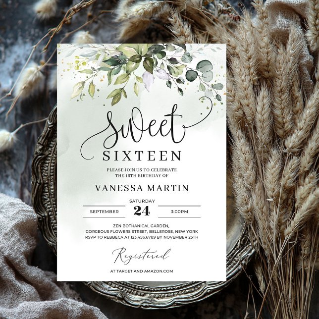 Boho greenery foliage eucalyptus sweet sixteen invitation (Boho greenery foliage eucalyptus sweet sixteen invitation)