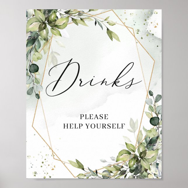 Boho greenery foliage gold geometric drinks sign (Front)