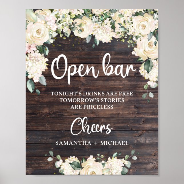 Boho greenery foliage rustic wood open bar sign (Front)