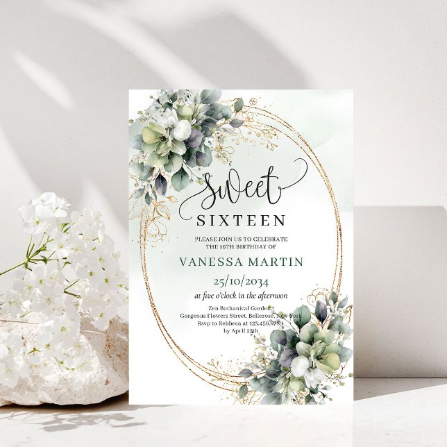 Boho Greenery Foliage Sweet 16 Gold Invitation (Boho Greenery Foliage Sweet 16 Gold Invitation)