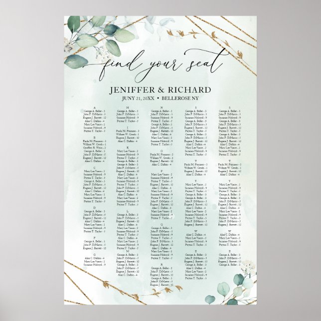 Boho Greenery Gold Geometric alphabetical seating Poster (Front)