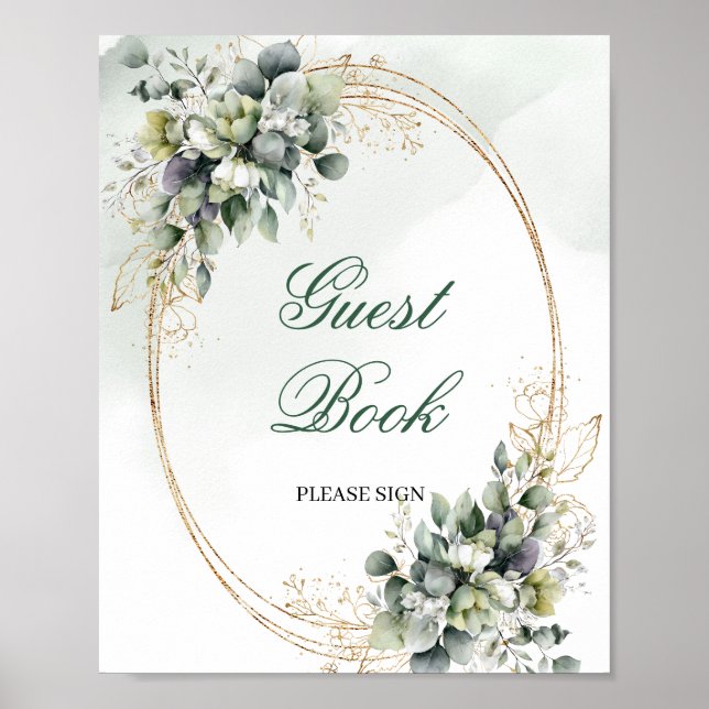 Boho Greenery Guest Book Tabletop Sign Gold 8x10 (Front)
