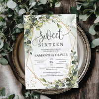 Boho greenery leaves gold geometric sweet sixteen