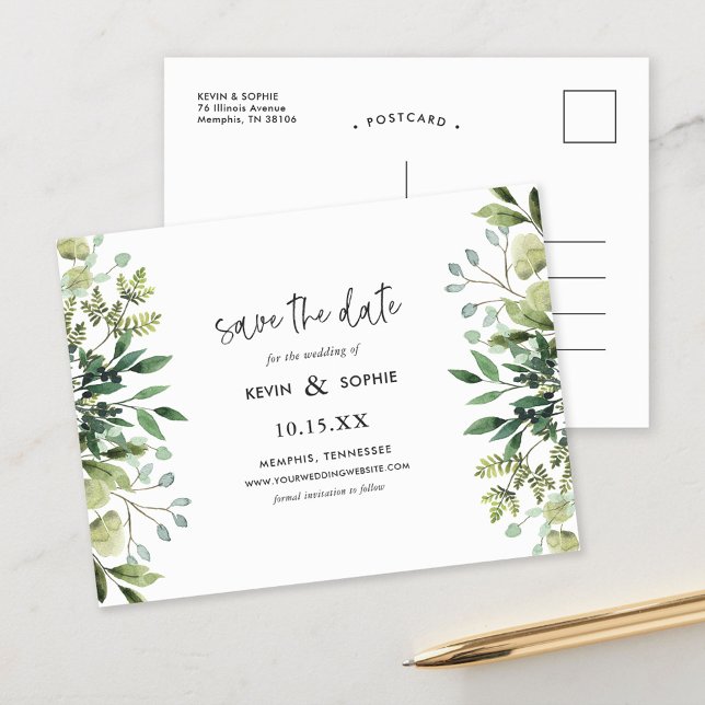 Boho Greenery Modern Save the Date Announcement Po Postcard (Creator Uploaded)