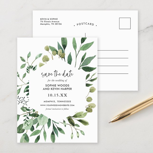 Boho Greenery Modern Save the Date Announcement Postcard (Creator Uploaded)