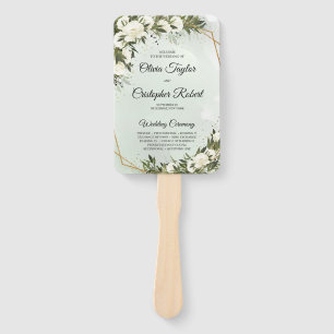 Boho greenery olive foliage gold frame white roses hand fan